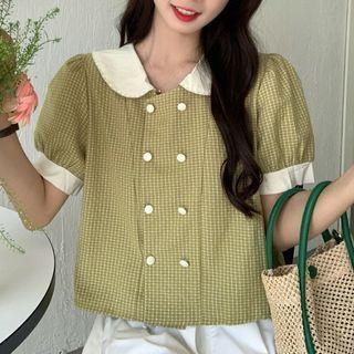 Short-sleeve Double-breasted Check Blouse