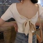 Two-tone Bow-back Short-sleeve Knit Top