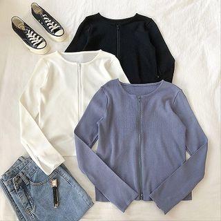 Plain Zip Crewneck Long-sleeve Knit Top