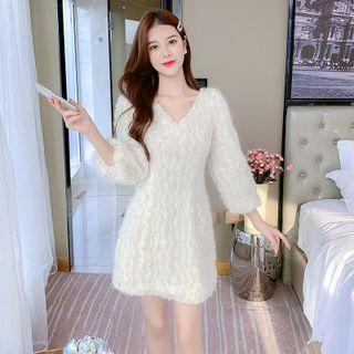 Long-sleeve V-neck Bow Accent A-line Dress