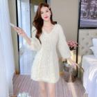 Long-sleeve V-neck Bow Accent A-line Dress