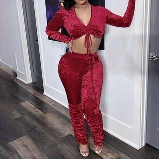 Set: Long-sleeve Plain Drawstring Cropped Top + Pants