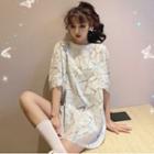 Short-sleeve Loose Fit Pattern Printed T-shirt Silver - One Size