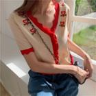 Short-sleeve Embroidered Cardigan Red - One Size