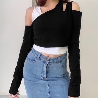 Mock Two-piece Asymmetric Cutout Cropped T-shirt