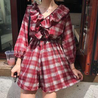 Long-sleeve Plaid Ruffle Playsuit