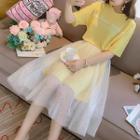 Set: Lettering Short-sleeve T-shirt Dress + Sequined Mesh Skirt