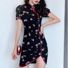Short-sleeve Floral Mini Qipao Dress