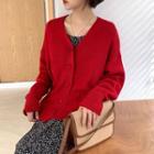 Long-sleeve Plain Knit Cardigan Red - One Size
