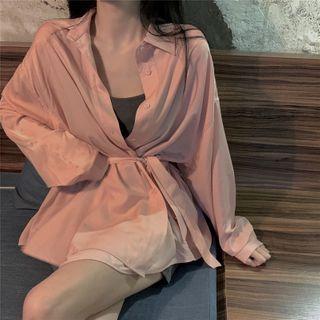 Plain Long-sleeve Shirt / Spaghetti Strap Mini Bodycon Dress