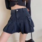 High Waist Denim Pleated Skirt Dark Blue - One Size