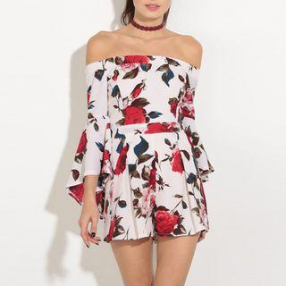 Floral Print Off Shoulder 3/4 Sleeve Playsuit