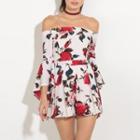 Floral Print Off Shoulder 3/4 Sleeve Playsuit