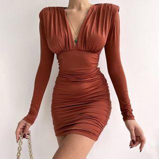 Long-sleeve V-neck Padded Shoulder Mini Sheath Dress