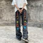High Waist Embroidered Washed Wide-leg Jeans