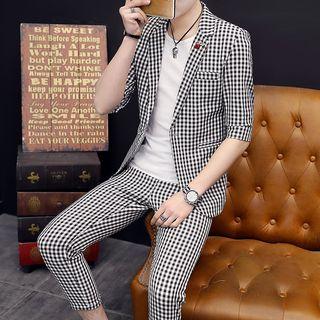Set: 3/4 Sleeve Gingham Blazer + Check Dress Pants