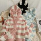 Striped Furry-knit Hooded Cardigan