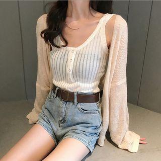 Sleeveless Open Knit Top / Plain Light Cardigan