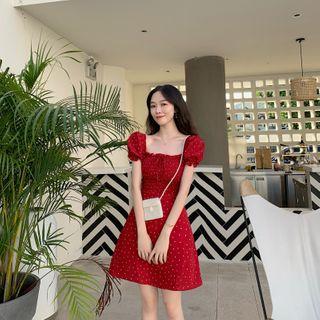 Puff-sleeve Mini Dotted A-line Dress