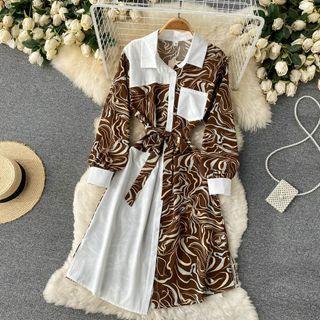 Color Block Print Long-sleeve Chiffon Shirtdress