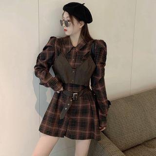 Long-sleeve Plaid Shirtdress / Spaghetti Strap Faux Leather Top