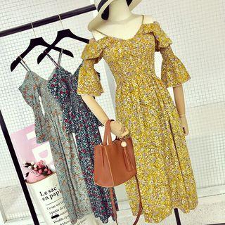 Open Shoulder Floral Print Elbow-sleeve Dress