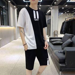 Set: Short-sleeve Color Block T-shirt + Lettering Shorts
