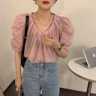 Short-sleeve V-neck Eyelet Lace Blouse Pink - One Size