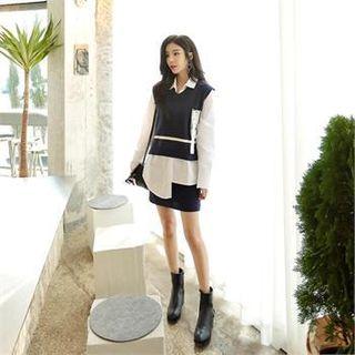Set: V-neck Sleeveless Knit Top + Band-waist Skirt