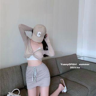 V-neck Bow Cropped Top / Plain Tank Top / High-waist Plain Mini Skirt