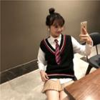 Plain Shirt / Striped Tie / Contrast Trim V-neck Knit Vest / Set