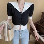 Short-sleeve Two-tone Cardigan Black - One Size