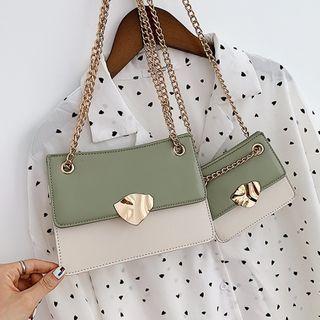 Color Panel Faux Leather Shoulder Bag With Chain Strap