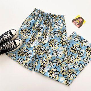 Flower Print Wide-leg Pants Blue - One Size