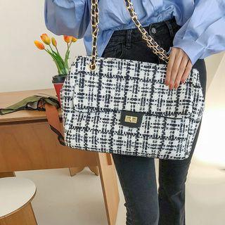 Chain-strap Plaid Shoulder Bag Black - One Size