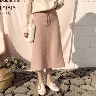 Drawstring Waist A-line Midi Knit Skirt