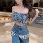 Fringed Trim Denim Tube Top / Lettering Distressed Straight Leg Jeans