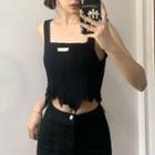 Square Neck Frayed Knit Crop Tank Top Black - One Size