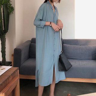 Long-sleeve Slit-side Midi Shirtdress Grayish Blue - One Size