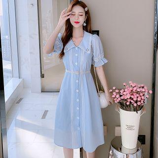 Puff-sleeve Lace Panel A-line Chiffon Dress