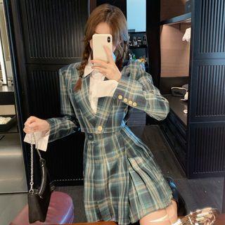 Plaid Long-sleeve Blazer / High Waist Pleated Skirt