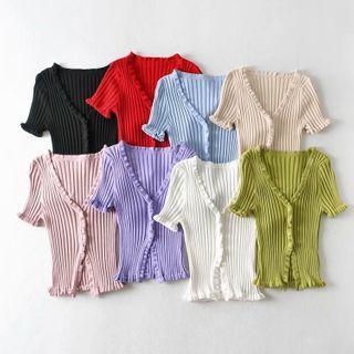 Short-sleeve Cropped Ribbed Knit Cardigan
