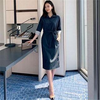 Stripe-cuff Tie-waist Dress