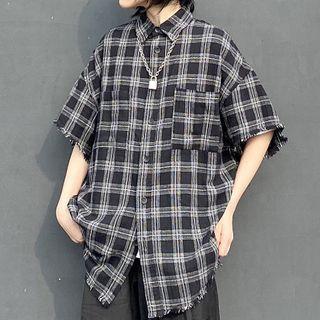 Elbow-sleeve Plaid Shirt Black & White - One Size