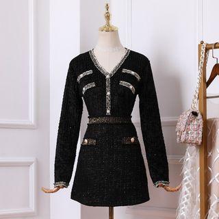 Set: V-neck Tweed Top + A-line Tweed Mini Skirt