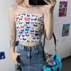 Butterfly Patterned Strapless Cropped Top Butterfly - One Size