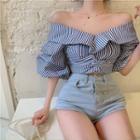 Elbow-sleeve Pinstriped Top Ash Blue & White - One Size