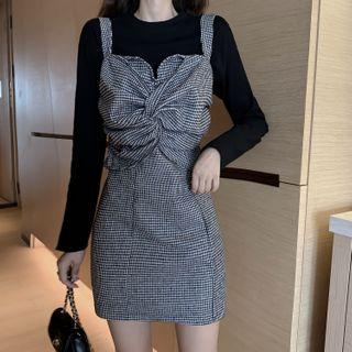Long Sleeve Plain Top / Knotted Gingham Pinafore Dress