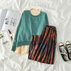Set: Mock Two-piece Color-block Top + Print Pleated Skirt