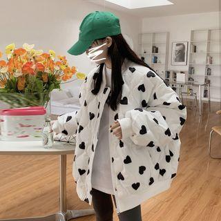Heart Print Quilted Zip-up Jacket Heart - Black & White - One Size